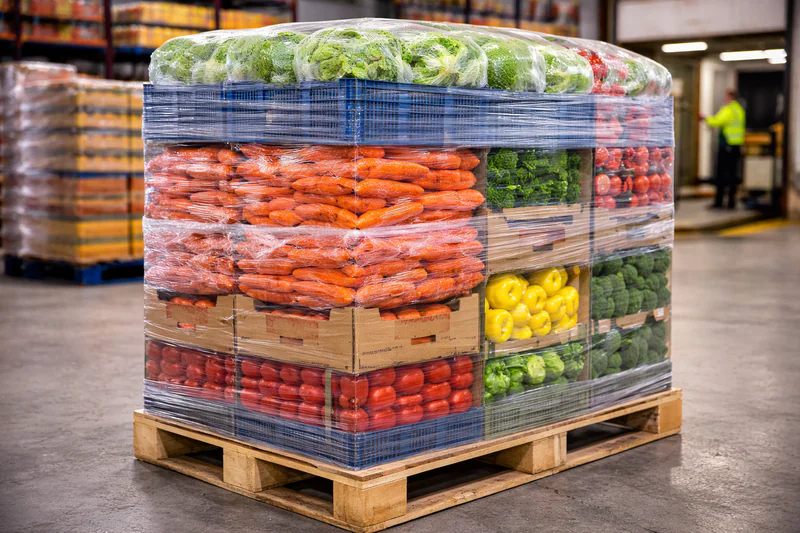 A mixed pallet of vegetables being prepared for shipment