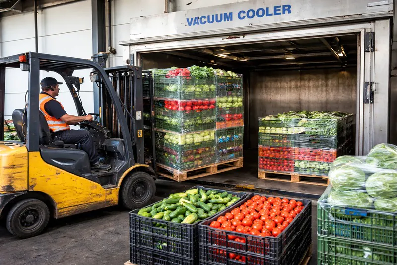 Forklift loading mixed pallets of vegetables into a vacuum cooler