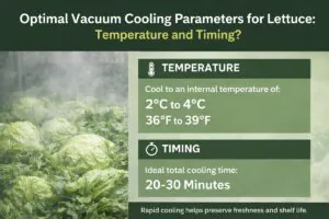 Optimal vacuum cooling parameters for lettuce infographic showing target internal temperature 2–4°C (36–39°F) and recommended cooling time 20–30 minutes to preserve lettuce quality and extend shelf life.