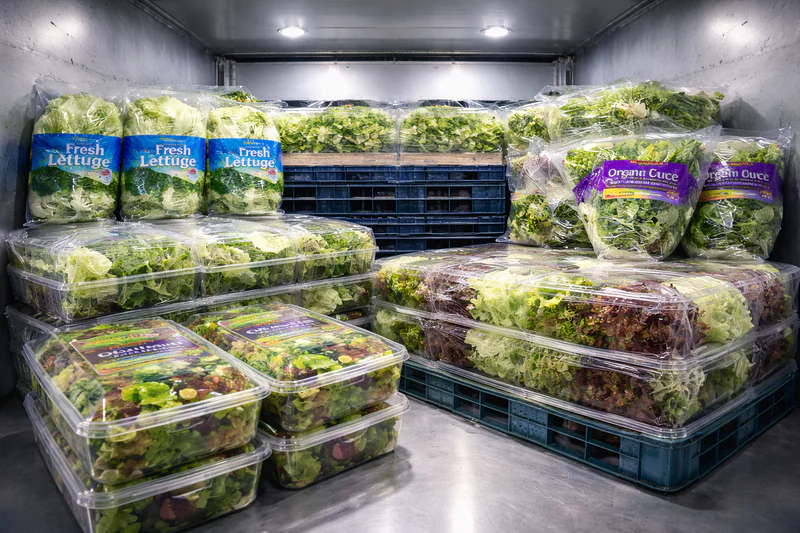 Various types of lettuce packaging stacked inside a vacuum chamber