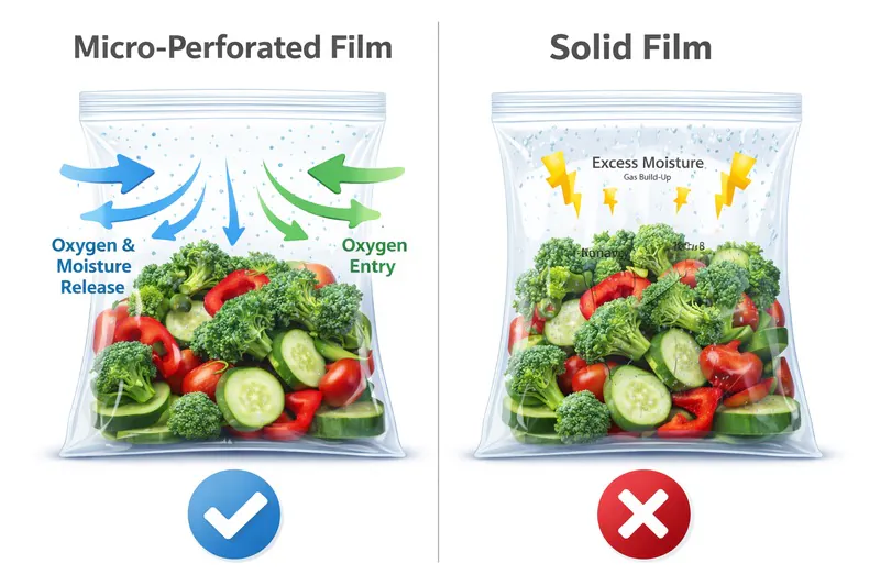 Illustration of micro-perforated plastic film vs solid film
