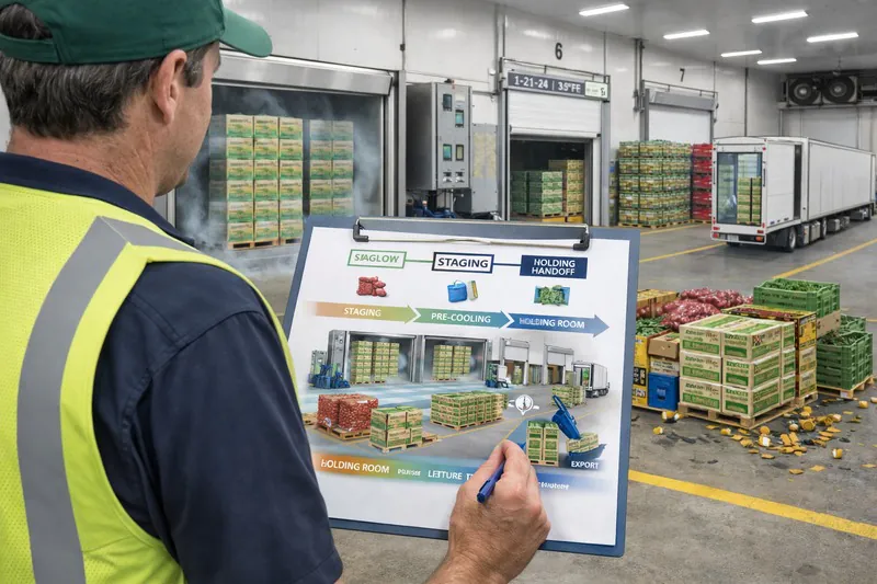 Export packing house manager reviewing pallet flow, staging timing, and cooling handoff points on the production floor