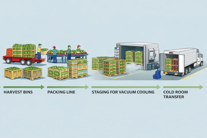 Produce handling workflow from harvest bins through packing, staging, vacuum cooling, and cold-room transfer