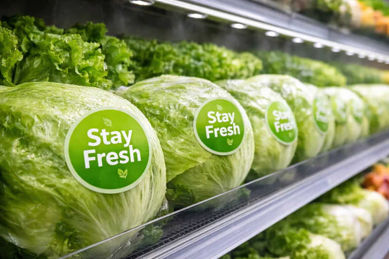 Fresh, crisp lettuce on a supermarket shelf with a 'Stay Fresh' label
