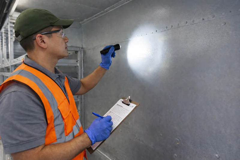 Worker performing a daily maintenance check on the painted steel chamber interior