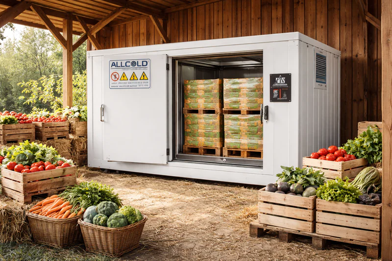 Compact 2-pallet vacuum cooler installed in a small farm shed