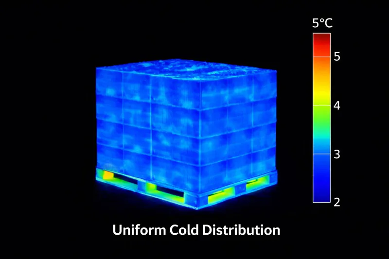 Thermal camera image of a pallet showing uniform blue cold distribution