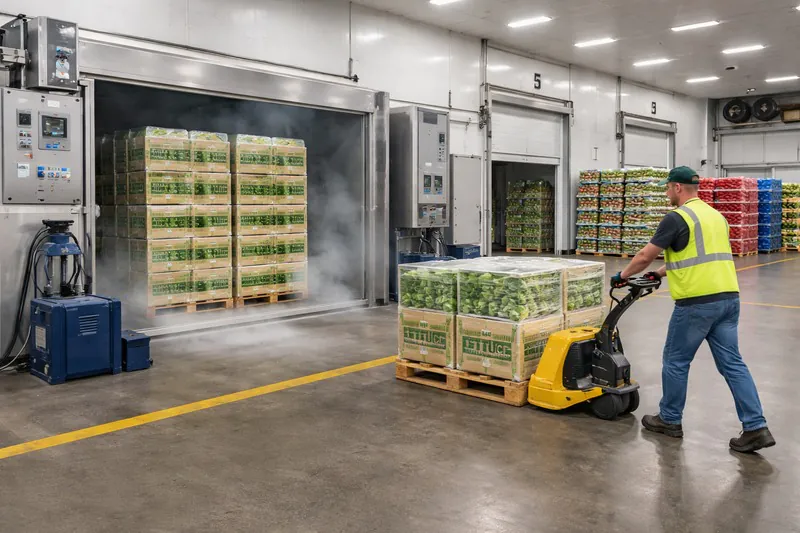 Vacuum-cooled vegetable pallets moving from cooling area to cold storage in a commercial export packing house