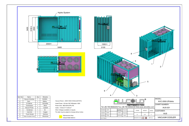 Technical drawing blueprint of a vacuum cooler showing dimensions and components