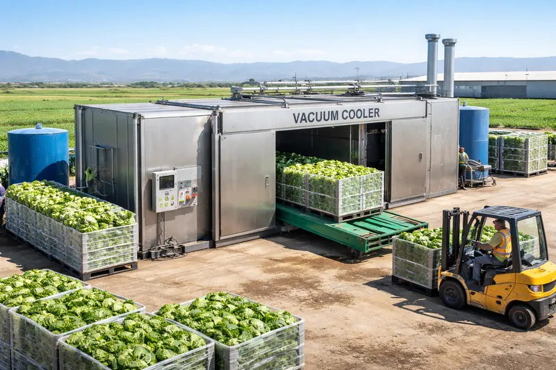 A modern vacuum cooler installation at a large lettuce farm