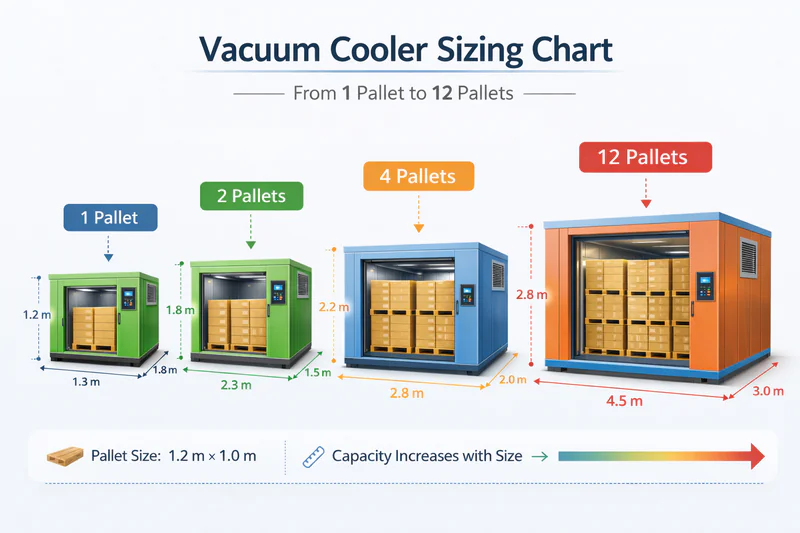 Comparison graphic showing different sizes of vacuum coolers from 1 pallet to 12 pallets
