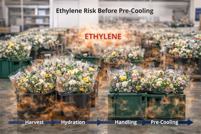 Ethylene risk during flower staging before pre-cooling