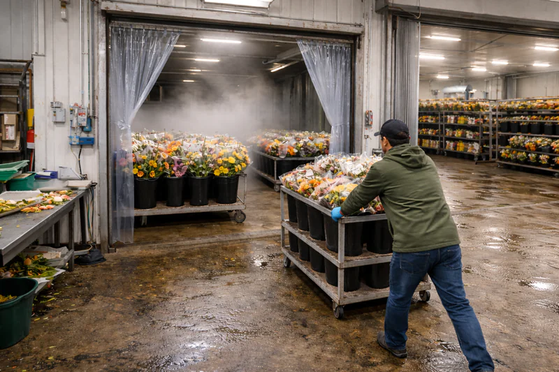 Flower handling window before cold-room entry