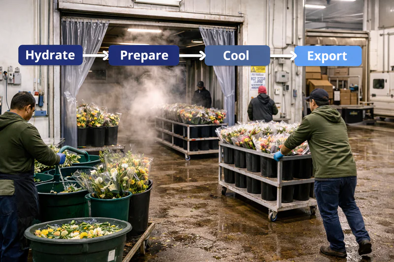 Flower hydration packing and cooling coordinated workflow