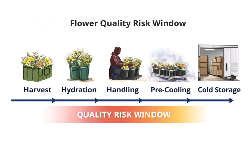 Flower quality window from harvest to cold storage entry