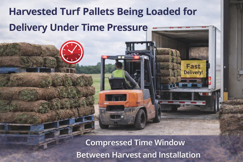 Harvested turf pallets being loaded for delivery under time pressure