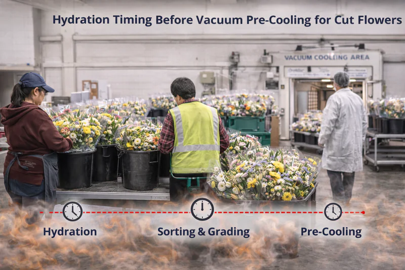 Hydration timing before vacuum pre-cooling for cut flowers