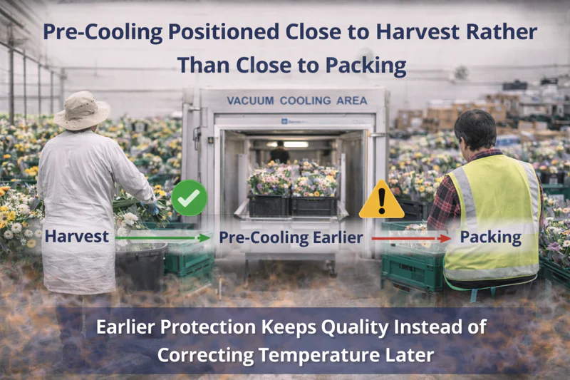 Pre-cooling positioned close to harvest rather than close to packing