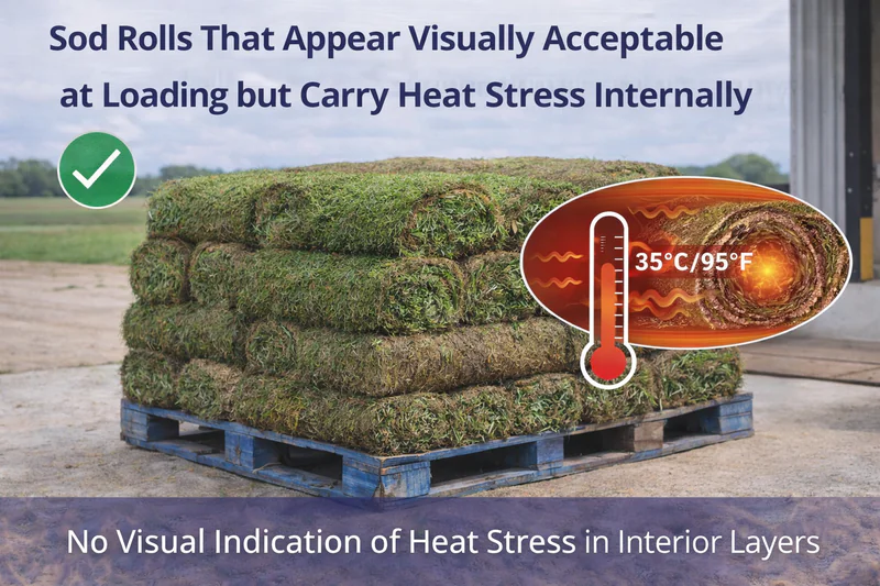 Sod rolls that appear visually acceptable at loading but carry heat stress internally