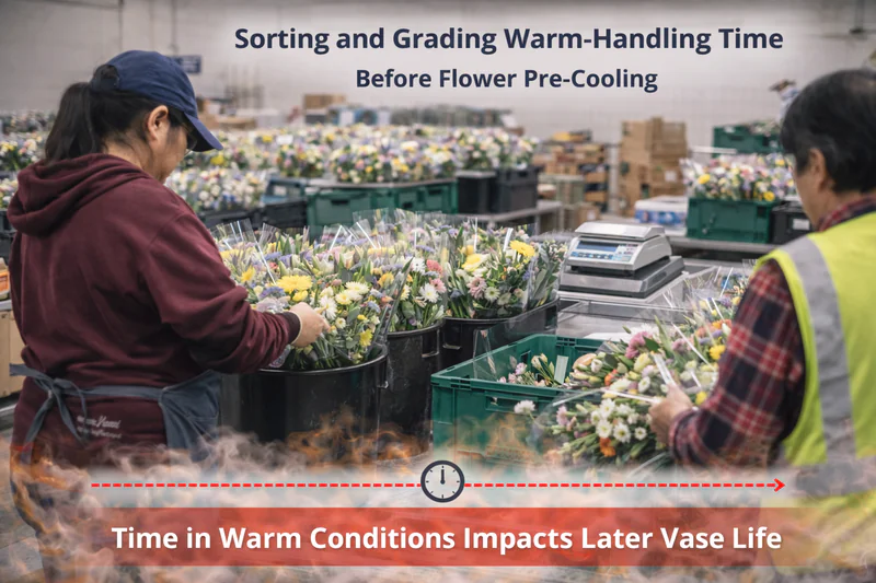 Sorting and grading warm-handling time before flower pre-cooling