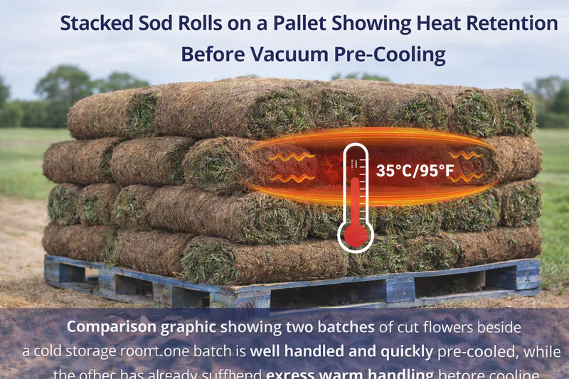 Stacked sod rolls on a pallet showing heat retention before vacuum pre-cooling