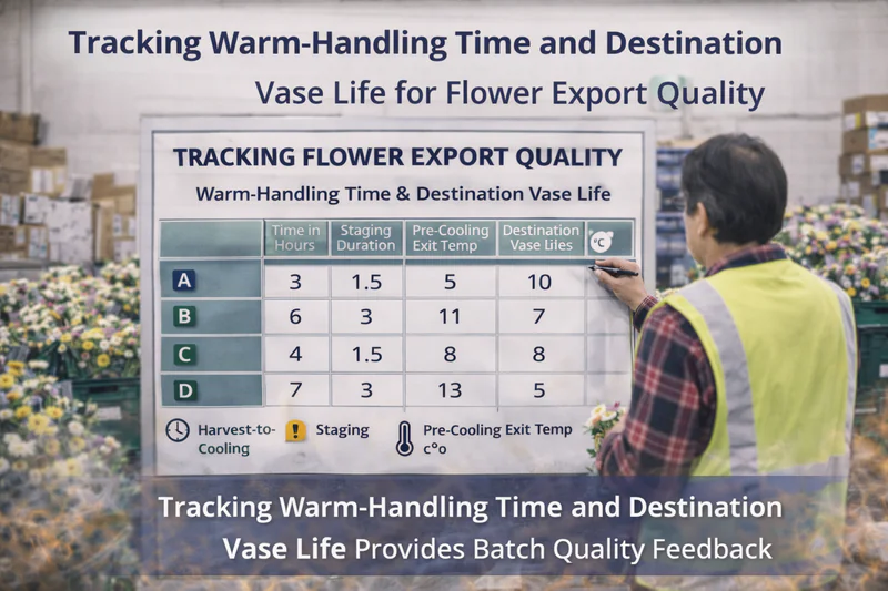 Tracking warm-handling time and destination vase life for flower export quality