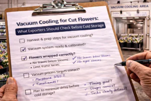 Checklist for cut flower vacuum cooling review, shown on a clipboard in front of a vacuum cooling area, highlighting pre-storage checks such as harvest preparation, wrapping condition, process targets, and delay control before cold storage