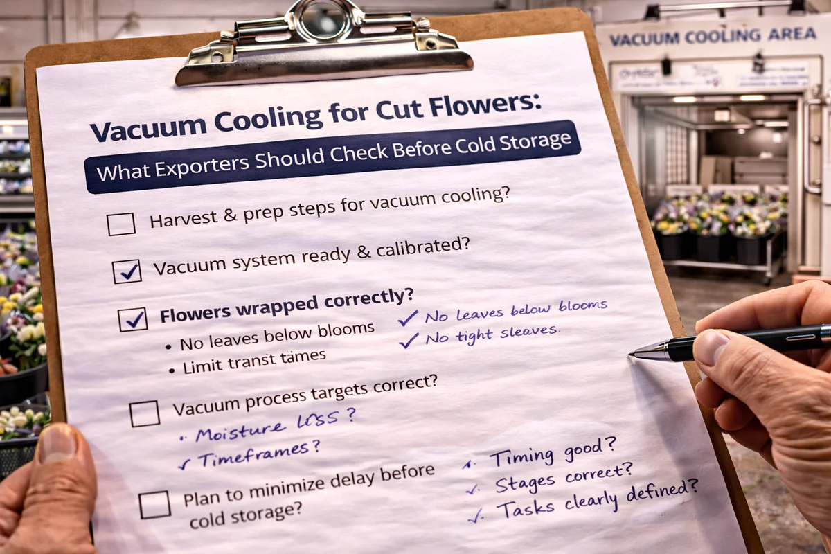 Checklist for cut flower vacuum cooling review, shown on a clipboard in front of a vacuum cooling area, highlighting pre-storage checks such as harvest preparation, wrapping condition, process targets, and delay control before cold storage
