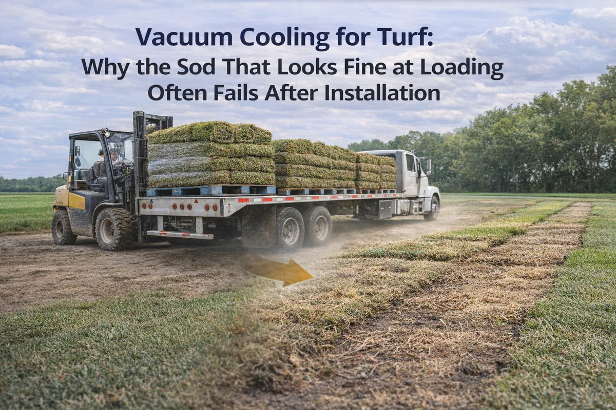Turf delivery comparison image showing sod loaded onto a truck while nearby installed turf appears dry and failing, illustrating that sod can look acceptable at loading but still develop post-installation problems if field heat is not removed early enough