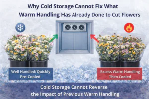 Comparison graphic showing two batches of cut flowers beside a cold storage room: one batch is well handled and quickly pre-cooled, while the other has already suffered excess warm handling before cooling, illustrating that cold storage cannot reverse earlier quality loss