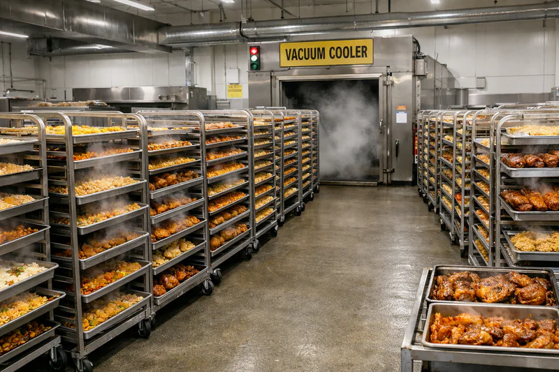 Hot cooked food waiting before vacuum cooling in a central kitchen