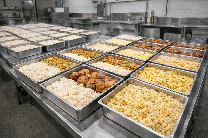 Cooked food batches prepared for vacuum cooling based on tray and batch format