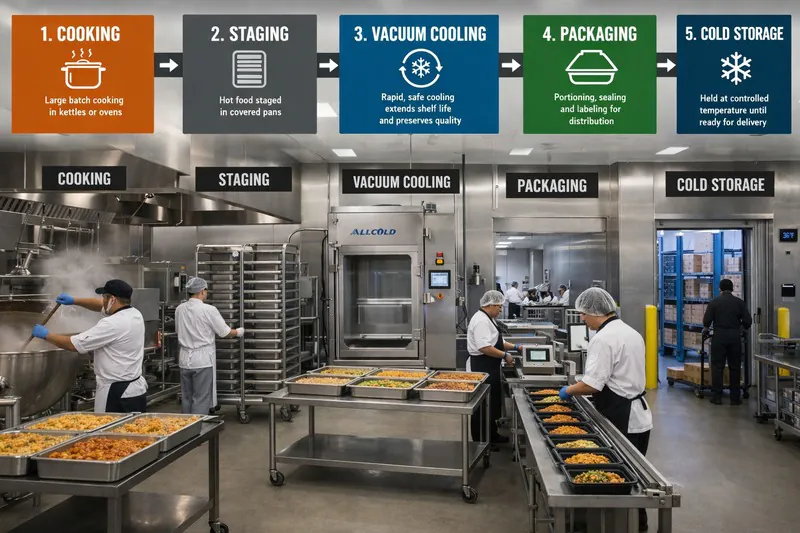 Central kitchen workflow with vacuum cooling placed between cooking and packaging