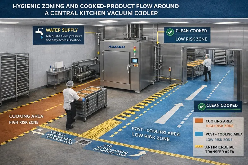 Hygienic zoning and cooked-product flow around a central kitchen vacuum cooler