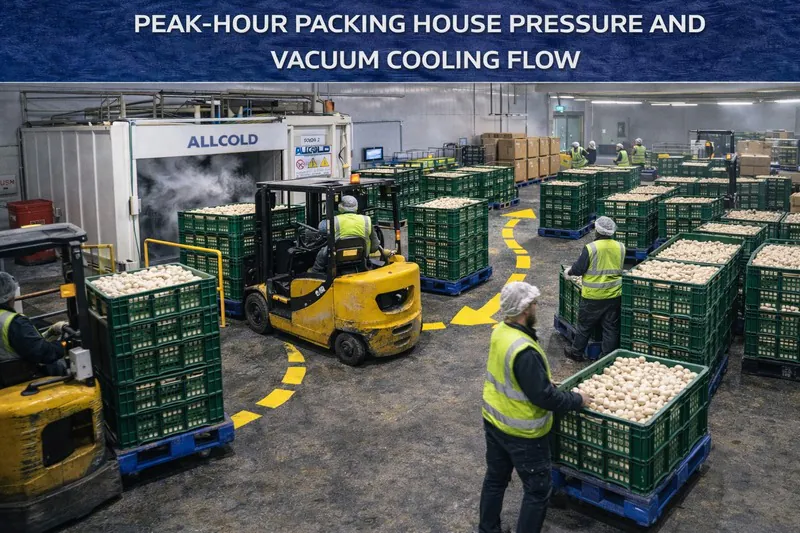 Peak-hour packing house pressure and vacuum cooling flow
