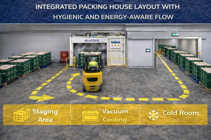 Integrated packing house layout with hygienic and energy-aware flow