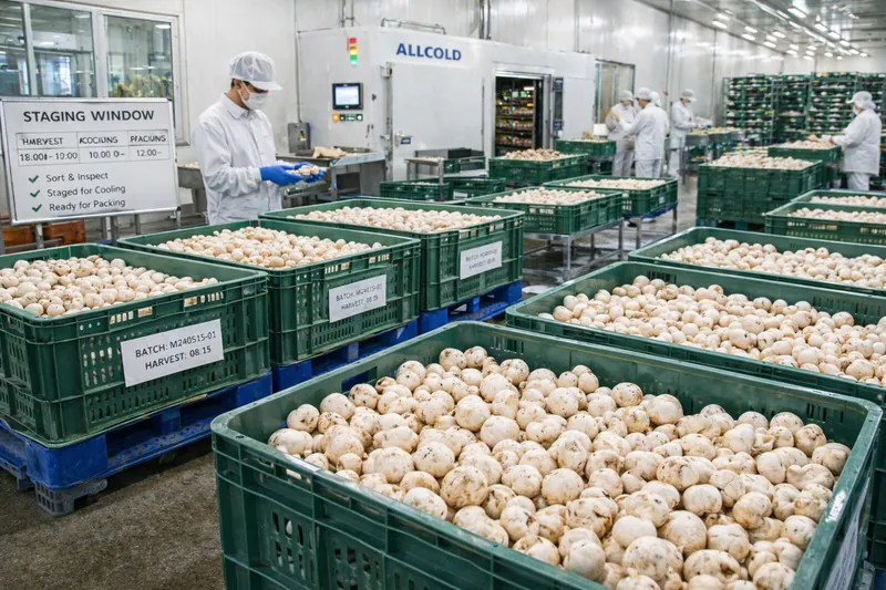 Fresh mushroom batches staged before packing and cooling