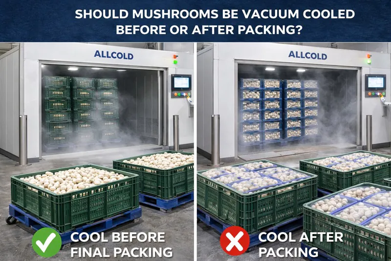 Before-or-after packing decision for mushroom vacuum cooling