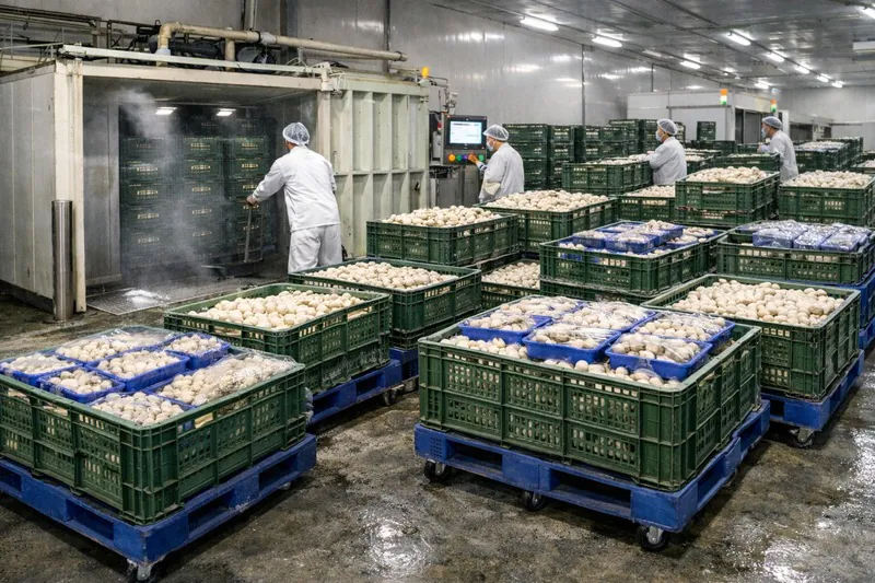Peak-hour mushroom packing pressure before cooling