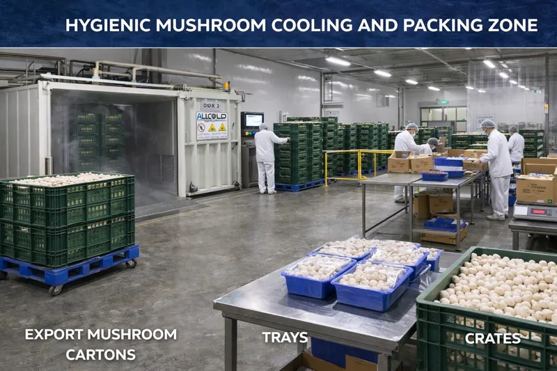 Hygienic mushroom cooling and packing zone