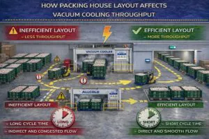 How packing house layout affects vacuum cooling throughput, comparing inefficient pallet flow and efficient cold room transfer around a vacuum cooler