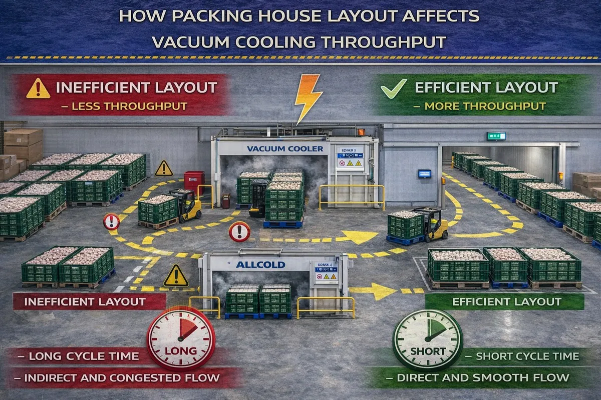 How packing house layout affects vacuum cooling throughput, comparing inefficient pallet flow and efficient cold room transfer around a vacuum cooler