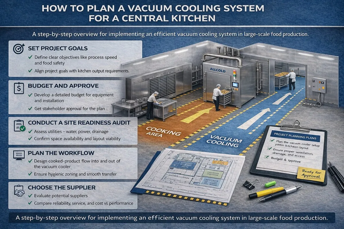 How to plan a vacuum cooling system for a central kitchen, including workflow design, site readiness, hygienic zoning, supplier selection, and project approval checklist