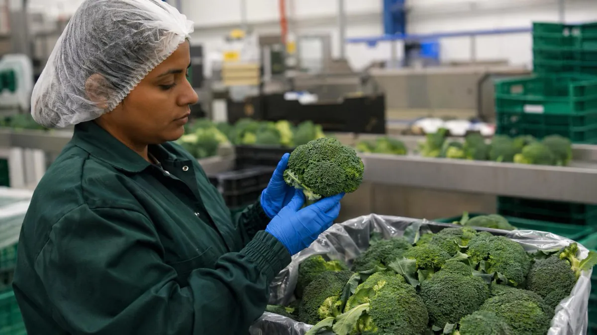 Broccoli crowns that appear visually green at dispatch but carry internal quality loss