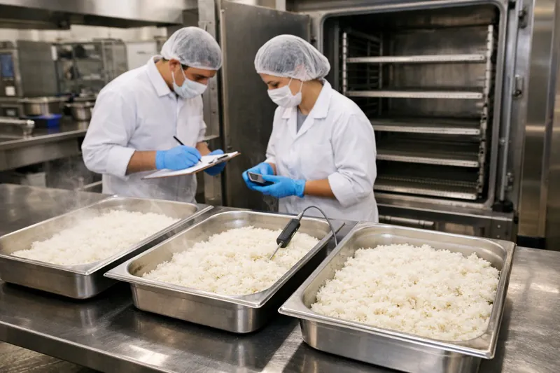 Cooked rice in trays waiting at different times before vacuum cooling in a central kitchen.