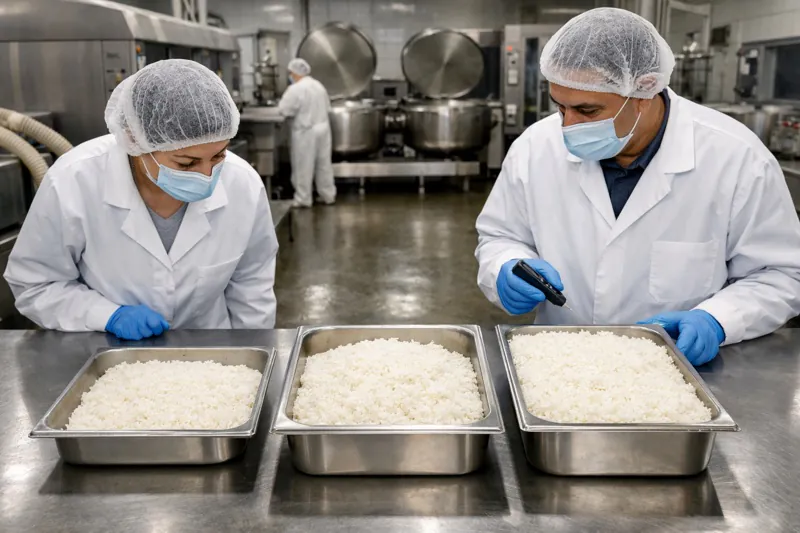 Different tray depths and fill weights of cooked rice prepared for vacuum-cooling comparison.