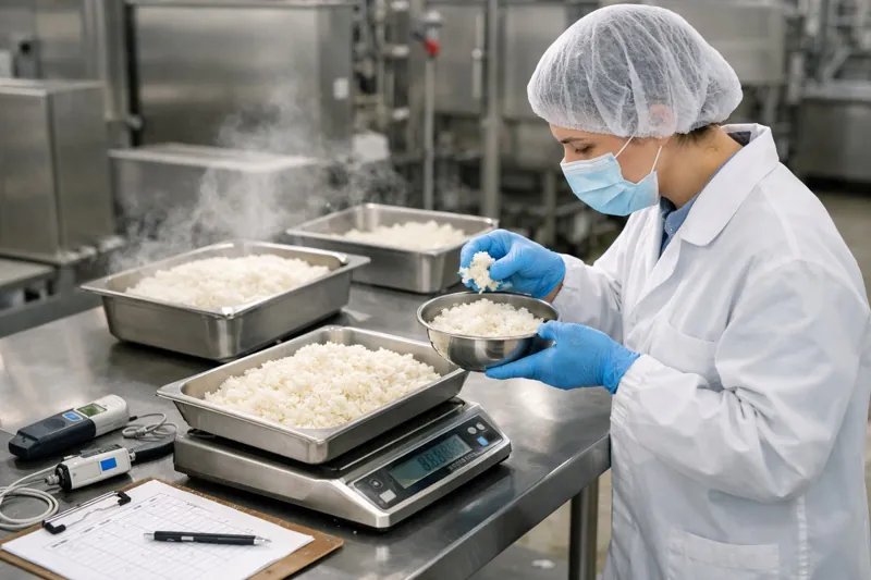 QA team evaluating cooked rice texture, clumping, and yield after vacuum cooling.