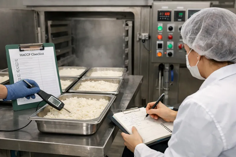 HACCP and SOP validation records for cooked rice vacuum cooling in a central kitchen.