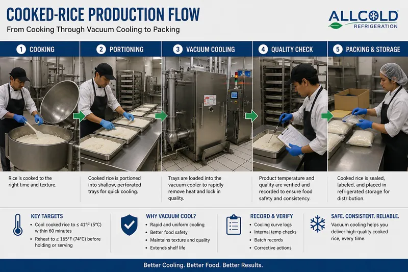 Cooked-rice production flow from cooking through vacuum cooling to packing in a central kitchen.
