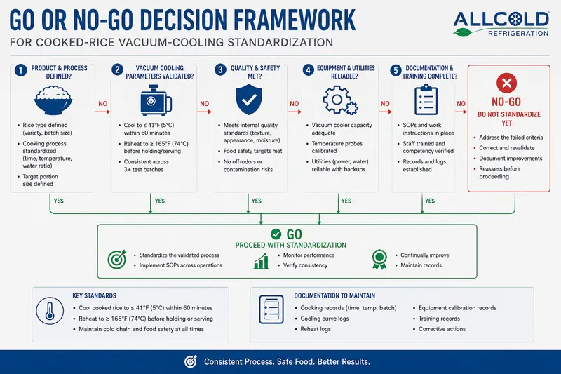 Go or no-go decision framework for cooked-rice vacuum-cooling standardization.